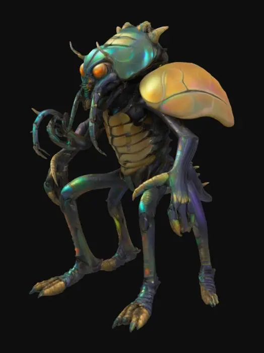 3D model for An insectoid villian, chitinous creature with four muscular, digitigrade legs and a hunched upper body. Its exoskeleton is covered in cracked, iridescent plates resembling ancient scarabs, with jagged protrusions and pulsating, bioluminescent veins running along its limbs. The arms are asymmetrical: one ends in a massive, mantis-like scythe, the other in a cluster of writhing, worm-like tendrils. Its head is elongated, with multiple faceted eyes of varying sizes glowing sickly orange. Mandibles jut out, dripping a viscous, black ichor. Along its spine run several bony, upward-curving spikes, some wrapped in a web-like membrane. Parts of its body are infested with tiny, parasitic creatures that occasionally crawl from gaps in its shell. Its stance is menacing, predatory