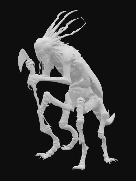 3D model for An insectoid villian, chitinous creature with four muscular, digitigrade legs and a hunched upper body. Its exoskeleton is covered in cracked, iridescent plates resembling ancient scarabs, with jagged protrusions and pulsating, bioluminescent veins running along its limbs. The arms are asymmetrical: one ends in a massive, mantis-like scythe, the other in a cluster of writhing, worm-like tendrils. Its head is elongated, with multiple faceted eyes of varying sizes glowing sickly orange. Mandibles jut out, dripping a viscous, black ichor. Along its spine run several bony, upward-curving spikes, some wrapped in a web-like membrane. Parts of its body are infested with tiny, parasitic creatures that occasionally crawl from gaps in its shell. Its stance is menacing, predatory