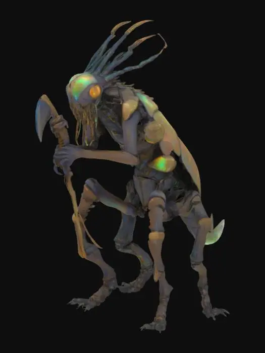 3D model for An insectoid villian, chitinous creature with four muscular, digitigrade legs and a hunched upper body. Its exoskeleton is covered in cracked, iridescent plates resembling ancient scarabs, with jagged protrusions and pulsating, bioluminescent veins running along its limbs. The arms are asymmetrical: one ends in a massive, mantis-like scythe, the other in a cluster of writhing, worm-like tendrils. Its head is elongated, with multiple faceted eyes of varying sizes glowing sickly orange. Mandibles jut out, dripping a viscous, black ichor. Along its spine run several bony, upward-curving spikes, some wrapped in a web-like membrane. Parts of its body are infested with tiny, parasitic creatures that occasionally crawl from gaps in its shell. Its stance is menacing, predatory