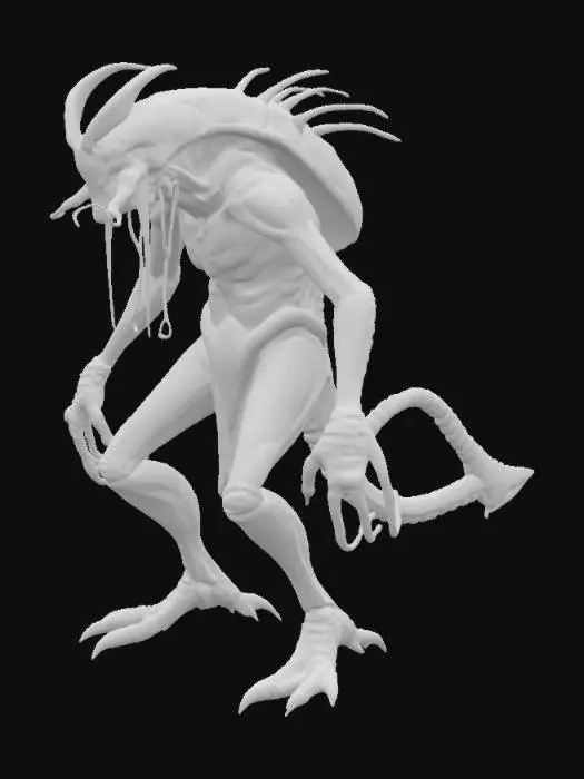 3D model for An insectoid villian, chitinous creature with four muscular, digitigrade legs and a hunched upper body. Its exoskeleton is covered in cracked, iridescent plates resembling ancient scarabs, with jagged protrusions and pulsating, bioluminescent veins running along its limbs. The arms are asymmetrical: one ends in a massive, mantis-like scythe, the other in a cluster of writhing, worm-like tendrils. Its head is elongated, with multiple faceted eyes of varying sizes glowing sickly orange. Mandibles jut out, dripping a viscous, black ichor. Along its spine run several bony, upward-curving spikes, some wrapped in a web-like membrane. Parts of its body are infested with tiny, parasitic creatures that occasionally crawl from gaps in its shell. Its stance is menacing, predatory