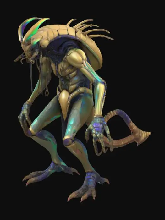 3D model for An insectoid villian, chitinous creature with four muscular, digitigrade legs and a hunched upper body. Its exoskeleton is covered in cracked, iridescent plates resembling ancient scarabs, with jagged protrusions and pulsating, bioluminescent veins running along its limbs. The arms are asymmetrical: one ends in a massive, mantis-like scythe, the other in a cluster of writhing, worm-like tendrils. Its head is elongated, with multiple faceted eyes of varying sizes glowing sickly orange. Mandibles jut out, dripping a viscous, black ichor. Along its spine run several bony, upward-curving spikes, some wrapped in a web-like membrane. Parts of its body are infested with tiny, parasitic creatures that occasionally crawl from gaps in its shell. Its stance is menacing, predatory