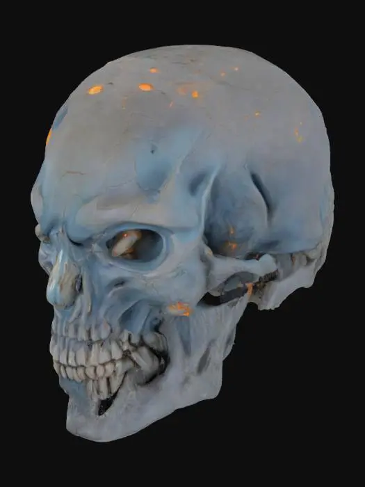 3D model for a skull with no eye sockets or no eye holes, forehead meets nose and mouth, alien, blue, bioluminescent sponge