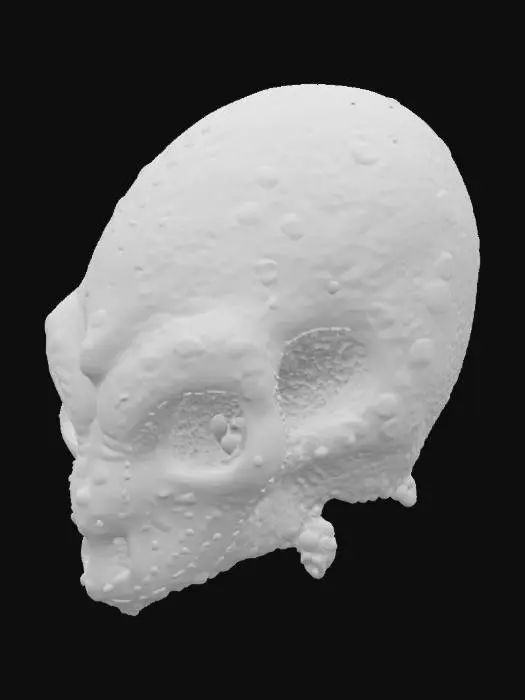 3D model for a skull with no eye sockets or no eye holes, forehead meets nose and mouth, alien, blue, bioluminescent sponge