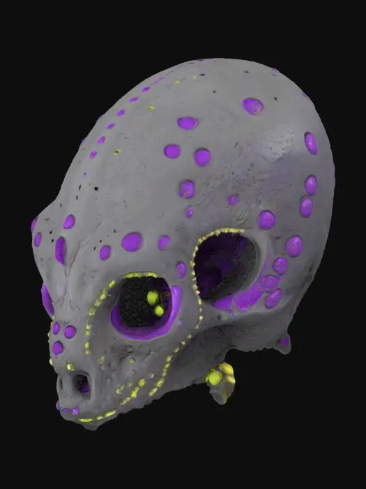 3D model for a skull with no eye sockets or no eye holes, forehead meets nose and mouth, alien, blue, bioluminescent sponge