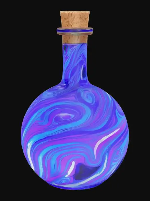 3D model for The object is a rounded glass bottle with a narrow neck and cork stopper, featuring a vibrant, swirling blue and purple luminescent texture., #ocean#