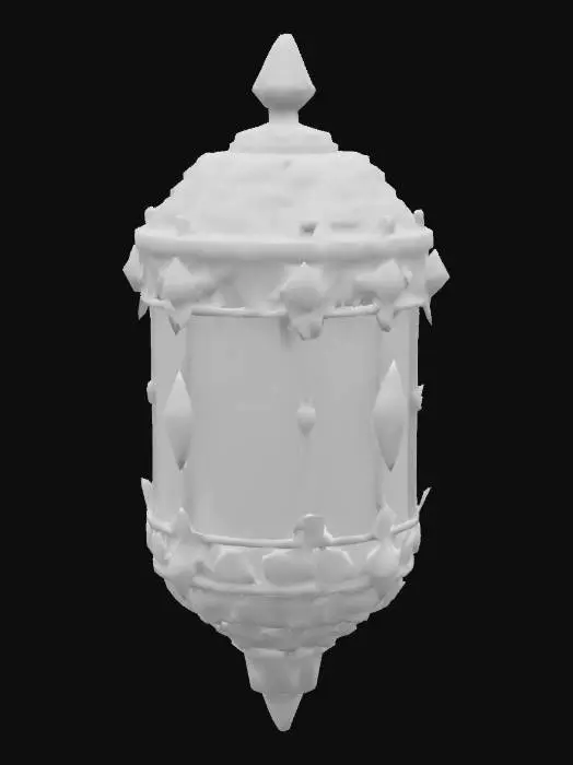 3D model for The object is a cylindrical, ornate container with a pointed base and a metallic texture, featuring blue glass elements and decorative leaf-like patterns., #ocean#, #ocean#
