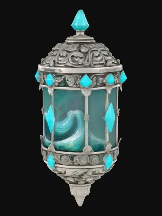 3D model for The object is a cylindrical, ornate container with a pointed base and a metallic texture, featuring blue glass elements and decorative leaf-like patterns., #ocean#, #ocean#