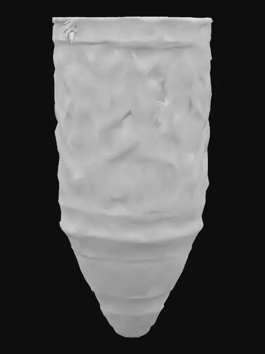 3D model for The object is a cylindrical, ornate container with a pointed base and a metallic texture, featuring blue glass elements and decorative leaf-like patterns., #ocean#, #ocean#