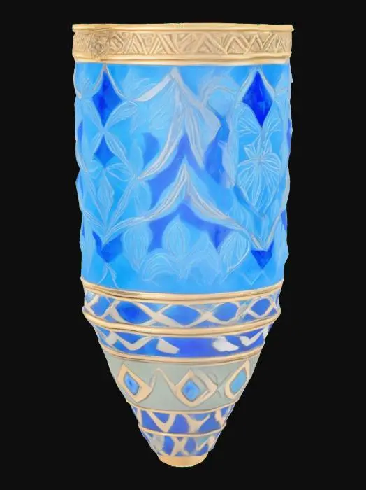 3D model for The object is a cylindrical, ornate container with a pointed base and a metallic texture, featuring blue glass elements and decorative leaf-like patterns., #ocean#, #ocean#