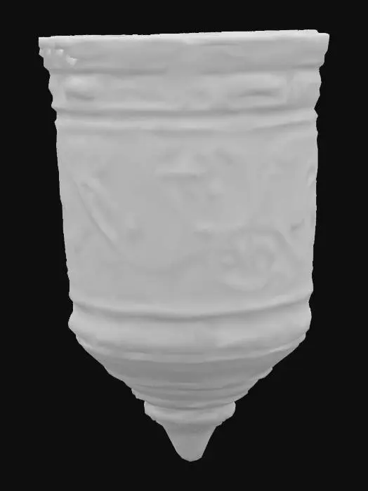 3D model for The object is a cylindrical, ornate container with a pointed base and a metallic texture, featuring blue glass elements and decorative leaf-like patterns., #ocean#