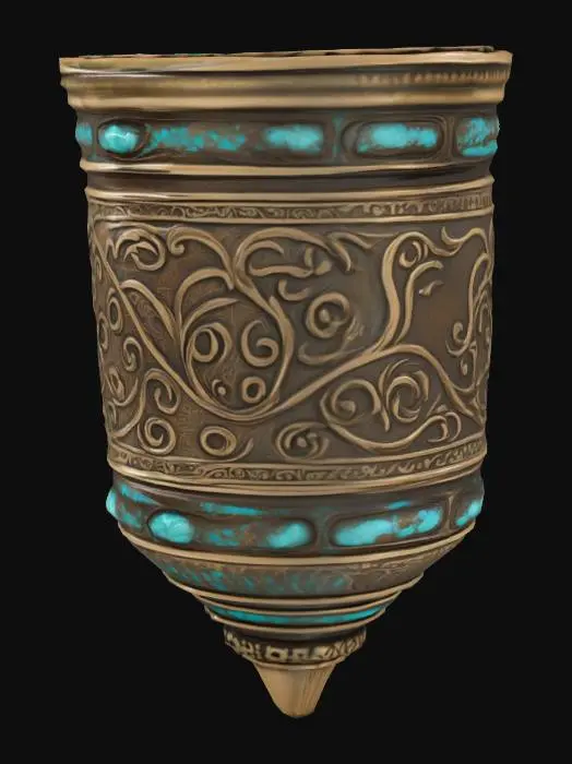 3D model for The object is a cylindrical, ornate container with a pointed base and a metallic texture, featuring blue glass elements and decorative leaf-like patterns., #ocean#