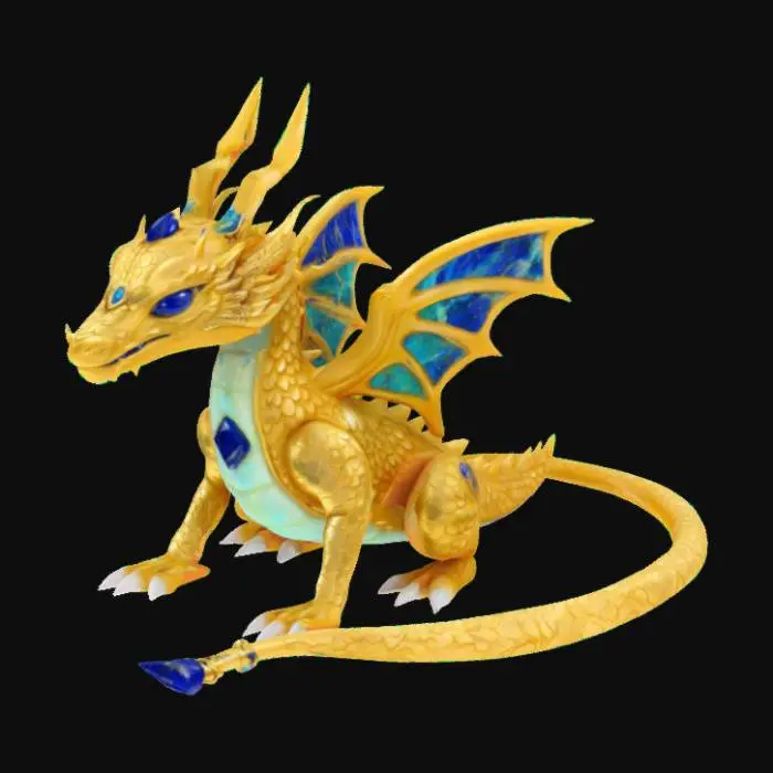 3D model for Golden cyborg dragon, jade sculpture Lapis lazuli, Blue Topaz, sapphire, azurite , super detail, jellycat style, 4k