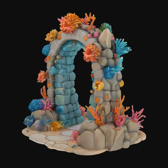 3D model for steampunk colourful coral reef gateway made from game asset style fantasy stones, #arch#, stylized stone