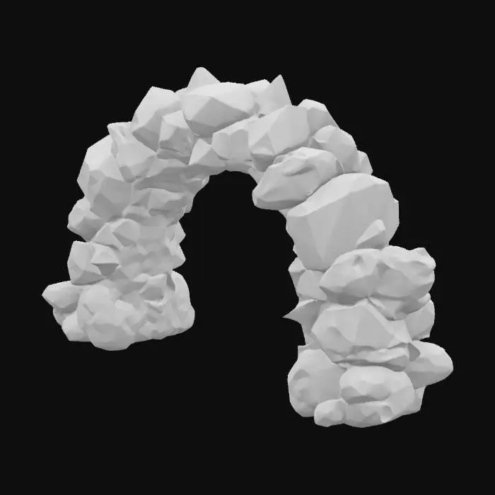 3D model for A formidable archway built from massive, raw chunks of various glowing gemstones, each stone representing a color of the rainbow. Jagged rubies, fiery citrines, vibrant emeralds, deep sapphires, and royal amethysts are expertly fused together. The surfaces are rough and crystalline, feeling cool and hard, intensely sparkling with internal light. This elaborate, chaotic yet majestic structure forms a powerful, raw, and visually overwhelming gateway of natural brilliance., #arch#