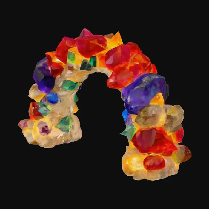 3D model for A formidable archway built from massive, raw chunks of various glowing gemstones, each stone representing a color of the rainbow. Jagged rubies, fiery citrines, vibrant emeralds, deep sapphires, and royal amethysts are expertly fused together. The surfaces are rough and crystalline, feeling cool and hard, intensely sparkling with internal light. This elaborate, chaotic yet majestic structure forms a powerful, raw, and visually overwhelming gateway of natural brilliance., #arch#