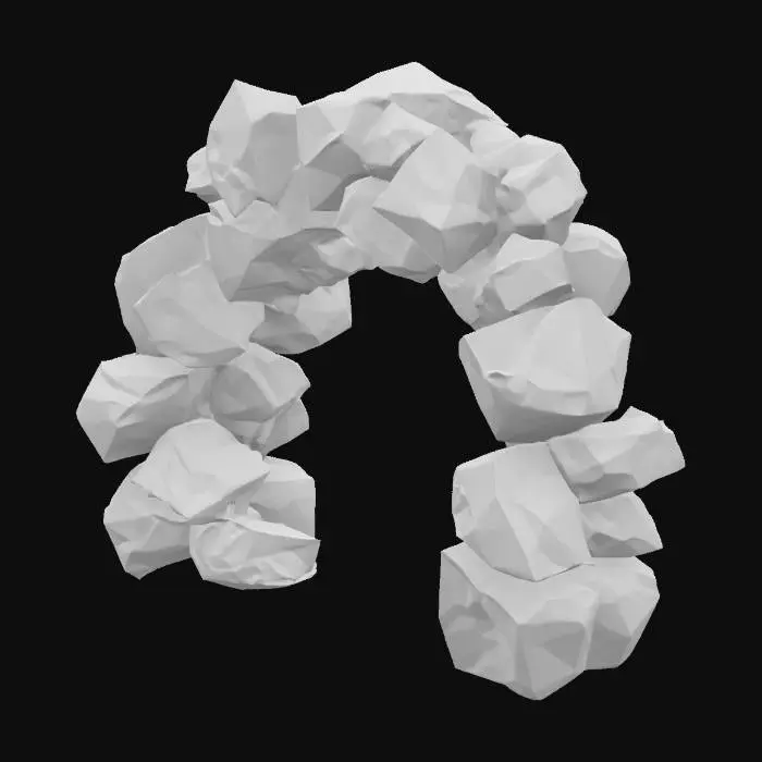 3D model for A formidable archway built from massive, raw chunks of various glowing gemstones, each stone representing a color of the rainbow. Jagged rubies, fiery citrines, vibrant emeralds, deep sapphires, and royal amethysts are expertly fused together. The surfaces are rough and crystalline, feeling cool and hard, intensely sparkling with internal light. This elaborate, chaotic yet majestic structure forms a powerful, raw, and visually overwhelming gateway of natural brilliance., #arch#