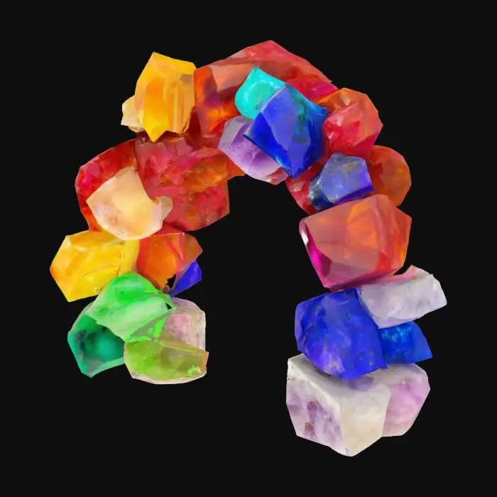 3D model for A formidable archway built from massive, raw chunks of various glowing gemstones, each stone representing a color of the rainbow. Jagged rubies, fiery citrines, vibrant emeralds, deep sapphires, and royal amethysts are expertly fused together. The surfaces are rough and crystalline, feeling cool and hard, intensely sparkling with internal light. This elaborate, chaotic yet majestic structure forms a powerful, raw, and visually overwhelming gateway of natural brilliance., #arch#