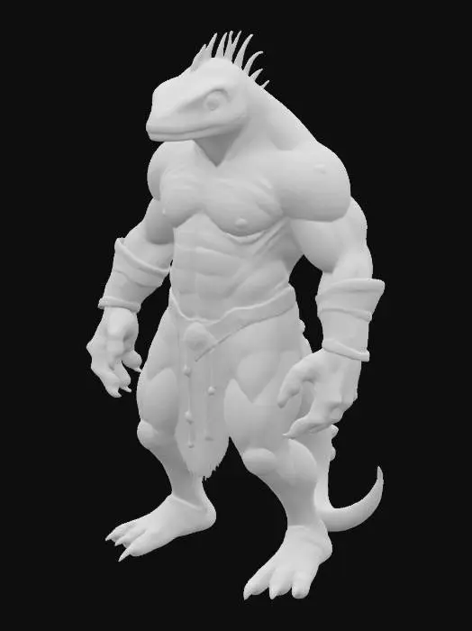 3D model for A highly detailed fantasy lizardman model with a massive, muscular body and rough, pale green skin covered in dark green scales and black spots. It has a fierce face with glowing yellow eyes, sharp tail, and cool back scales. The creature wears weathered silver wristbands and a dark brown fur loincloth with a metal belt. Its large hands and feet have sharp, dark claws, giving it a powerful and battle-ready appearance