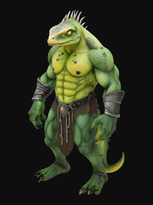 3D model for A highly detailed fantasy lizardman model with a massive, muscular body and rough, pale green skin covered in dark green scales and black spots. It has a fierce face with glowing yellow eyes, sharp tail, and cool back scales. The creature wears weathered silver wristbands and a dark brown fur loincloth with a metal belt. Its large hands and feet have sharp, dark claws, giving it a powerful and battle-ready appearance