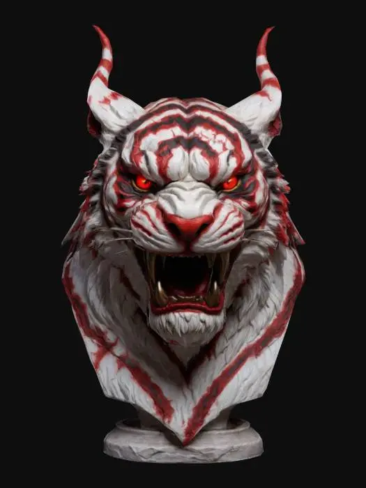 3D model for a bust of a demon tiger, evil and terrifying 
