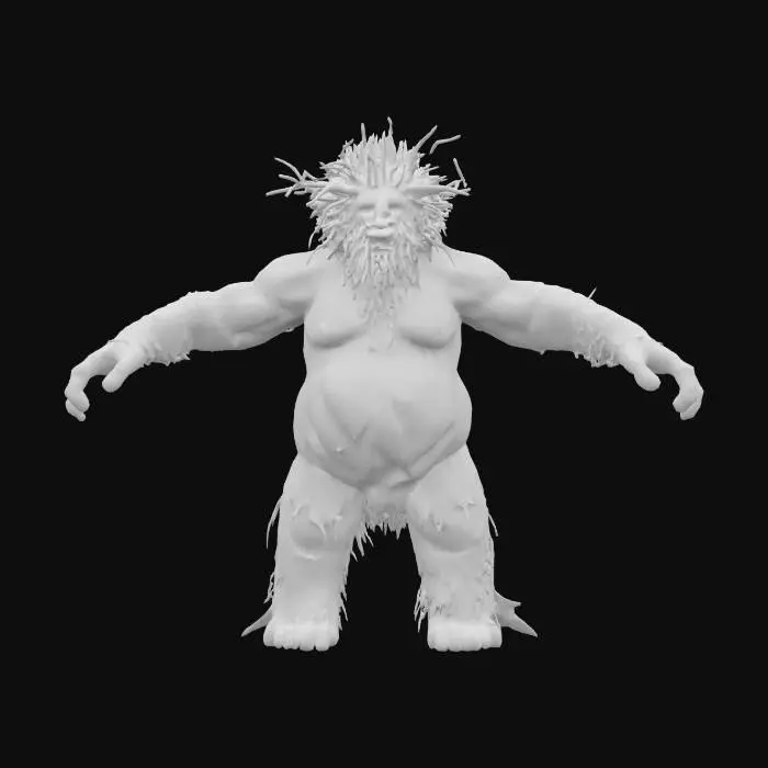 3D model for #fairy#, Stylized, 3D full body character of a bog guardian, A hulking, moss-covered creature with skin the color of stagnant water. His hair is a tangled mess of weeds and reeds.  hands are like gnarled tree roots. T-POSE, HD texturing