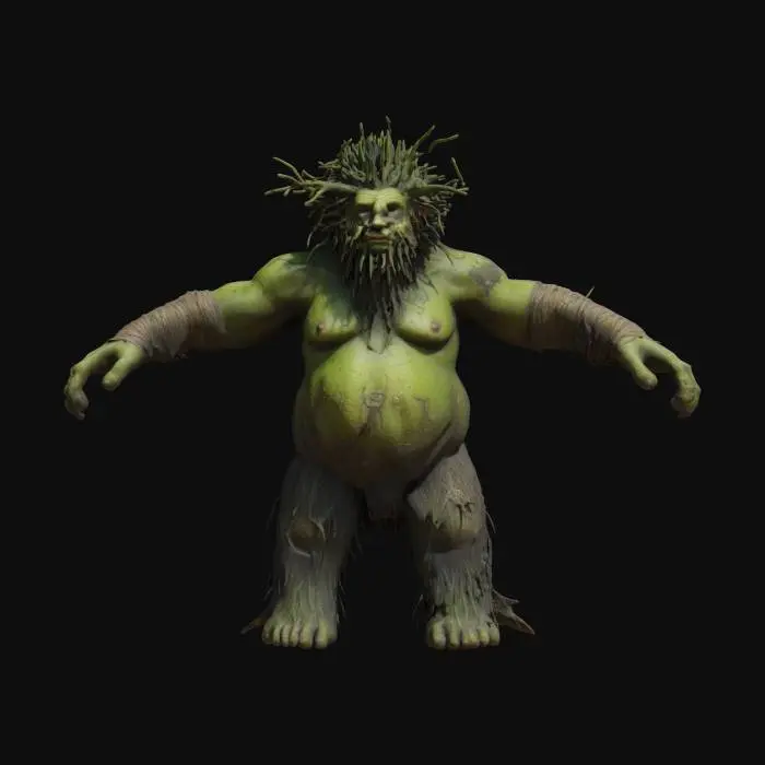 3D model for #fairy#, Stylized, 3D full body character of a bog guardian, A hulking, moss-covered creature with skin the color of stagnant water. His hair is a tangled mess of weeds and reeds.  hands are like gnarled tree roots. T-POSE, HD texturing