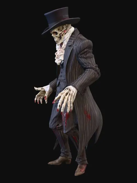3D model for Full body Subject is a supernatural, malevolent entity villain stylized like a 1930s-era horrifying showman known as "The Entertainer." The entity should exhibit a "dead meat ghoul" aesthetic – decayed, bloody texture, sickly pale skin partially visible. He wears elegant, yet sinister, period-appropriate showman attire (e.g., pinstripe suit or velvet tails), heavily soiled and bearing disturbing stains (bloody). prominent, wide-brimmed black hat; ghostly white, immaculately clean gloves; and a dramatic, ruffled collar or jabot around the neck, contrasting with the decay. Pose: Theatrical, dynamic, and menacingly elegant—perhaps a grand sweeping gesture or an imposing stance that suggests performance and threat.