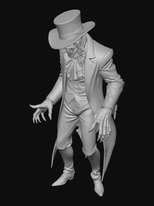 3D model for Full body Subject is a supernatural, malevolent entity villain stylized like a 1930s-era horrifying showman known as "The Entertainer." The entity should exhibit a "dead meat ghoul" aesthetic – decayed, bloody texture, sickly pale skin partially visible. He wears elegant, yet sinister, period-appropriate showman attire (e.g., pinstripe suit or velvet tails), heavily soiled and bearing disturbing stains (bloody). prominent, wide-brimmed black hat; ghostly white, immaculately clean gloves; and a dramatic, ruffled collar or jabot around the neck, contrasting with the decay. Pose: Theatrical, dynamic, and menacingly elegant—perhaps a grand sweeping gesture or an imposing stance that suggests performance and threat.