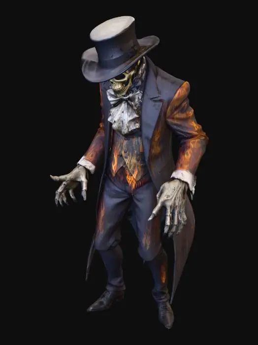 3D model for Full body Subject is a supernatural, malevolent entity villain stylized like a 1930s-era horrifying showman known as "The Entertainer." The entity should exhibit a "dead meat ghoul" aesthetic – decayed, bloody texture, sickly pale skin partially visible. He wears elegant, yet sinister, period-appropriate showman attire (e.g., pinstripe suit or velvet tails), heavily soiled and bearing disturbing stains (bloody). prominent, wide-brimmed black hat; ghostly white, immaculately clean gloves; and a dramatic, ruffled collar or jabot around the neck, contrasting with the decay. Pose: Theatrical, dynamic, and menacingly elegant—perhaps a grand sweeping gesture or an imposing stance that suggests performance and threat.