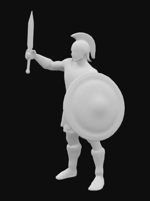 3D model for UN GUERRERO ESPARTANO CON MUSCULOS DEFINIDOS, PORTANDO SU ARMA Y ESCUDO, POSE DE VICTORIA LEVANTANDO SU ESPADA EN MANO DERECHA, CON PEQUEÑAS HERIDAS DE GUERRA. CON SU CASCO PUESTO