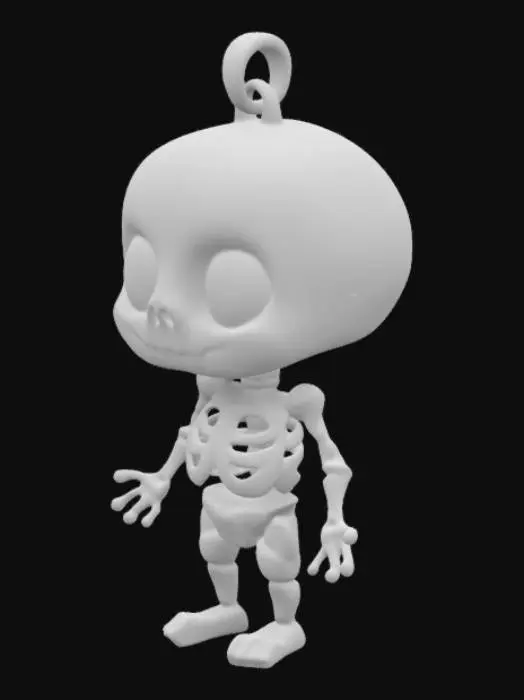 3D model for "Sevimli ve hareketli bir iskelet anahtarlık. Yuvarlak kafatası, büyük göz çukurları ve gülümseyen bir yüzü var. Küçük, detaylı bir gövdeye sahip, kolları ve bacakları ince ama eklem yerlerinden hareket edebiliyor. Kemikleri hafif parlak beyaz veya fosforlu. Başında anahtarlık halkası var. Sallandıkça eklemleri oynayarak eğlenceli bir hareket sağlıyor. Hem sevimli hem de hafif ürkütücü, komik bir tasarım."