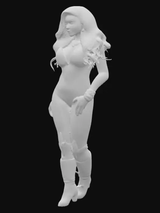 3D model for A curvaceous, athletic female character, embodying exaggerated comic proportions. She wears a striking crimson, shiny latex one-piece suit with a plunging neckline and high-cut hips, fastened by a gold bat-shaped brooch. Her attire is completed by knee-high, glossy black leather boots and metallic gold wristbands. Voluminous jet-black hair frames her face, revealing sharp cheekbones, full lips, and piercing eyes with a fierce expression. Pale skin has subtle vampiric undertones.