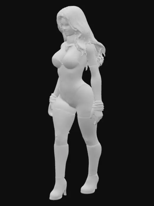 3D model for Generate a realistic 3D model of a female vampire with pale skin, sharp cheekbones, and flowing black hair. She wears a glossy red latex bodysuit with high-cut hips and a gold bat brooch at the collar. Add knee-high leather boots, gold cuffs. Her expression is fierce and mysterious.