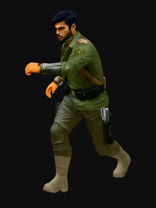 3D model for Create a cinematic comic-book style poster of a character named Major Ranga.

He is a muscular Indian military man in his late 30s to early 40s. Thick mustache. Short dark hair. Strong jawline. Intense expression. He is charging forward through a destroyed urban battlefield with debris flying around him.

Outfit

Olive green military shirt extended into a loose field jacket.

Jacket is slightly open at the front.

Sleeves are rolled up to just below the elbows.

Fabric looks rugged, worn, and battle-used.

He wears yellow leather gloves.

Gloves are forearm-length, extending close to his elbows.

The top openings of the gloves are slightly loose and worn out.

The gloves look thick and durable.

Important Character Detail

His right arm is cybernetic (metal prosthetic arm), but it is fully