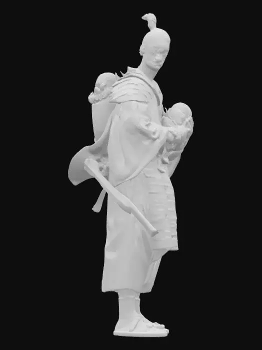 3D model for A old fashioned samurai, very similar to the one from Samurai Jack cartoon, carrying safely a baby boy in his backpack