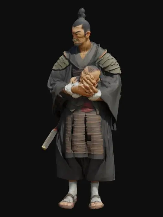 3D model for A old fashioned samurai, very similar to the one from Samurai Jack cartoon, carrying safely a baby boy in his backpack
