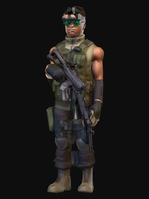 3D model for create a gaming character male with muscular body brown skin tone and military uniform with night vision glasses and bulletproof armour and hand gloves 