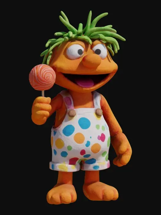 3D model for eine orange Muppet Puppe steht auf einem Holzboden und hält Einern Lutscher in der Hand