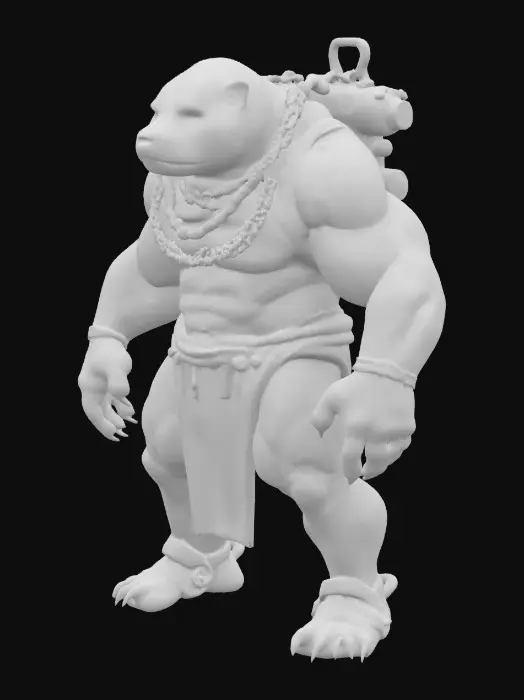 3D model for A massive Brute sloth monster with iron chains around his neck and ragged-fighter gear and clothes. Extremely muscular. Fantasy/scifi, cyberpunk, highly detailed, polished, full body, with a backpack