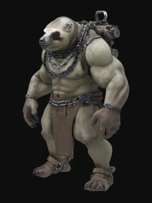 3D model for A massive Brute sloth monster with iron chains around his neck and ragged-fighter gear and clothes. Extremely muscular. Fantasy/scifi, cyberpunk, highly detailed, polished, full body, with a backpack