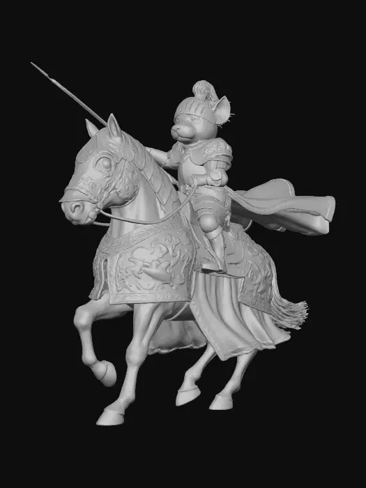 3D model for eine Maus in einer Ritterrüstung reitet auf einem Pferd das auch mit einen Ritterrüstung bekleidet ist.