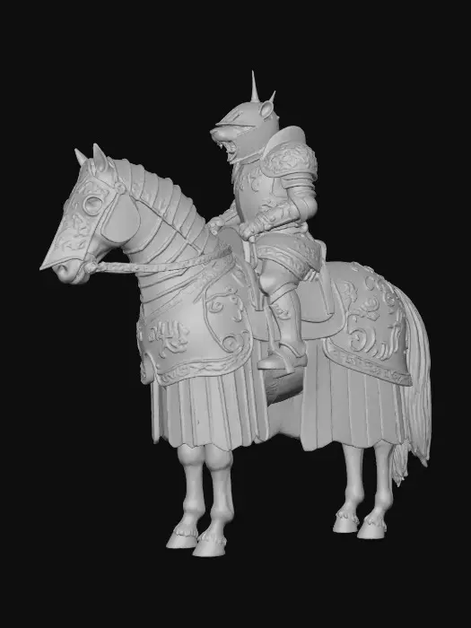 3D model for eine Ratte in einer schwarzen bedrohlichen Ritterrüstung sitzt auf einem Pferd das auch mit einer schwarzen Ritterrüstung bekleidet ist. Das Pferd steht.