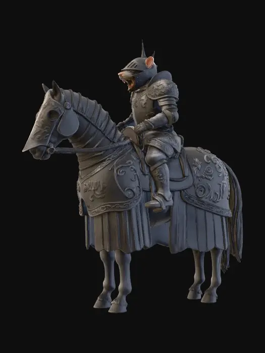 3D model for eine Ratte in einer schwarzen bedrohlichen Ritterrüstung sitzt auf einem Pferd das auch mit einer schwarzen Ritterrüstung bekleidet ist. Das Pferd steht.