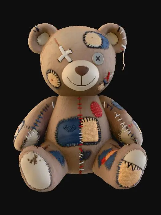 3D model for ein alter kaputter Spielzeug TeddyBär der schon mehrmal gepflickt wurde. Sitzt auf dem Boden.