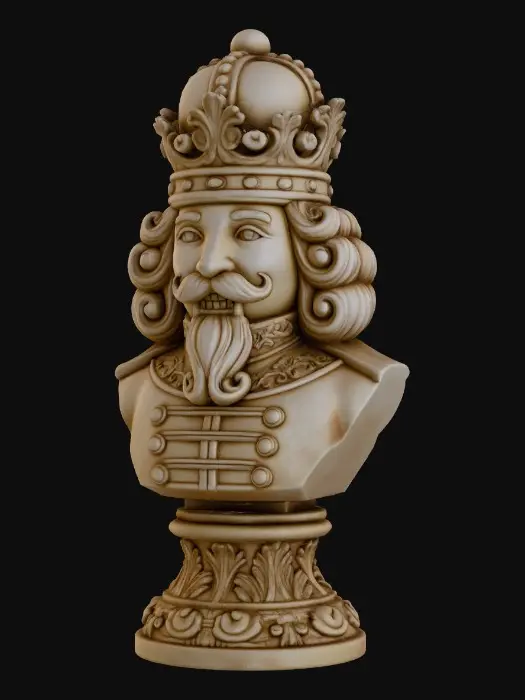 3D model for Eine kunstvolle Nussknacker-Statue in Form einer Königsbüste, gefertigt aus einem hellbeigefarbenen, matt strukturierten Material, das an patinierten Gips oder geschnitztes Holz erinnert. Die Figur trägt eine aufwendig verzierte Krone und zeigt ein stilisiertes Gesicht mit einem geschwungenen Schnurrbart und Bart, flankiert von vollem, gelocktem Haar. Der Körper darunter ist als Uniform mit Knöpfen und einem verzierten Kragen gestaltet und ruht auf einem reich dekorierten Sockel. Weiches Licht betont die feinen Schnitzdetails und die gleichmäßige Oberfläche.