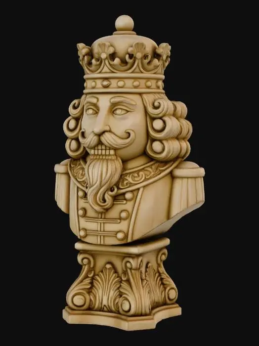 3D model for Eine kunstvolle Nussknacker-Statue in Form einer Königsbüste, gefertigt aus einem hellbeigefarbenen, matt strukturierten Material, das an patinierten Gips oder geschnitztes Holz erinnert. Die Figur trägt eine aufwendig verzierte Krone und zeigt ein stilisiertes Gesicht mit einem geschwungenen Schnurrbart und Bart, flankiert von vollem, gelocktem Haar. Der Körper darunter ist als Uniform mit Knöpfen und einem verzierten Kragen gestaltet und ruht auf einem reich dekorierten Sockel. Weiches Licht betont die feinen Schnitzdetails und die gleichmäßige Oberfläche.