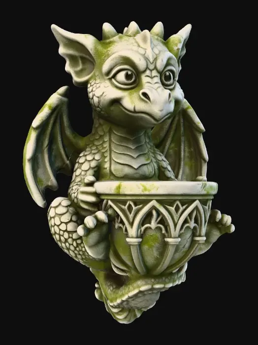 3D model for eine niedliche kindliche Gotische Goblin Drachen Fantasie Stein Figur als Kerzenhalter die an die Wand gehangen werden kann. In den Kerzenhalter befindet sich keine Kerze.