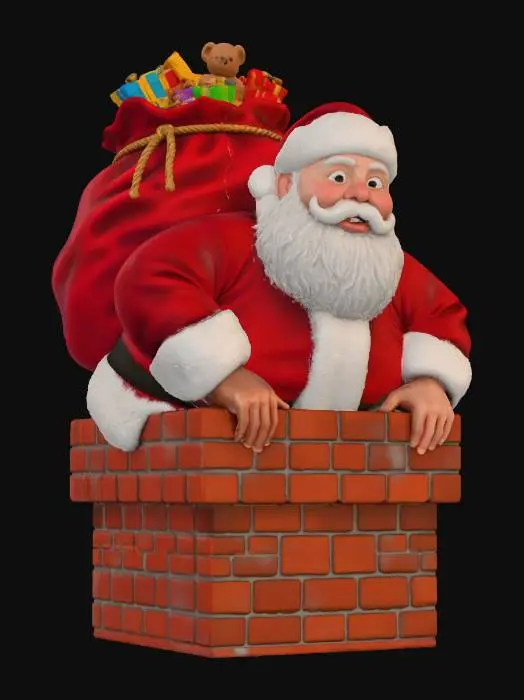 3D model for ein dicker Weihnachtsmann der mit seinem großen Geschenkesack in einem Schornstein stecken geblieben ist.