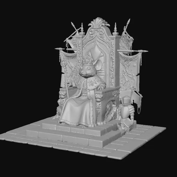 3D model for Ein alter Rittersaal Thron auf dem ein Herrschaftlicher Mäusekönig sitzt und ein Zepter in der nHand hält.