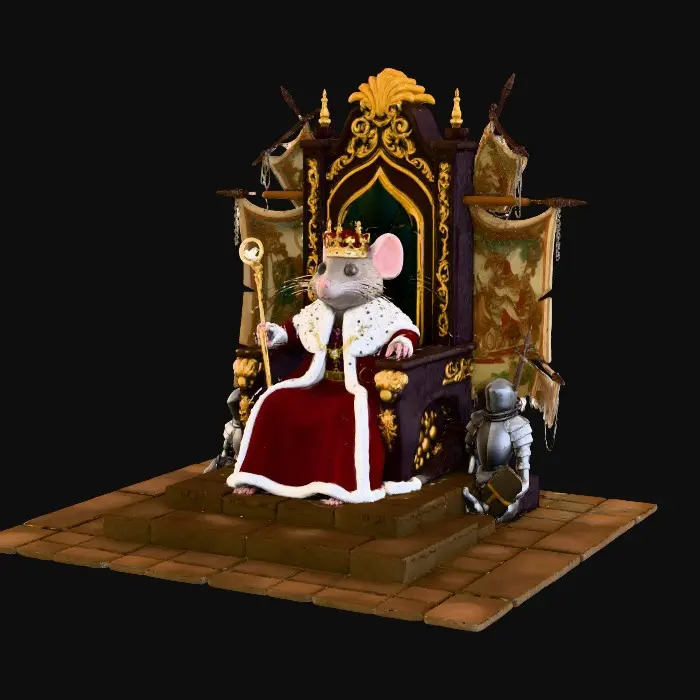3D model for Ein alter Rittersaal Thron auf dem ein Herrschaftlicher Mäusekönig sitzt und ein Zepter in der nHand hält.
